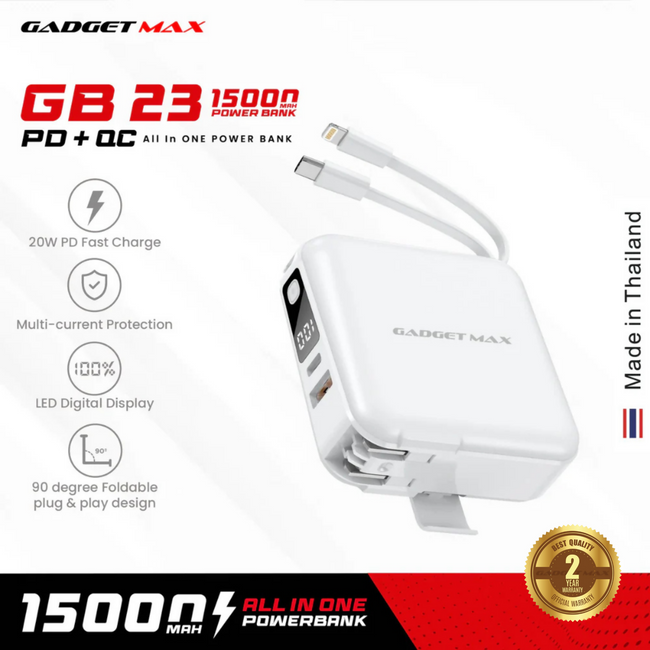 GADGET MAX GB23 AIO Pro Series 15000mAh All-in-One PD+QC Fast Charging Power Bank(PD 20W+QC 22.5W)