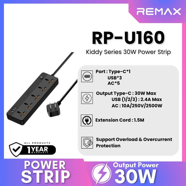REMAX - RP-U160 Kiddy Series 5-Outlet Power Socket(30W 3A1C)