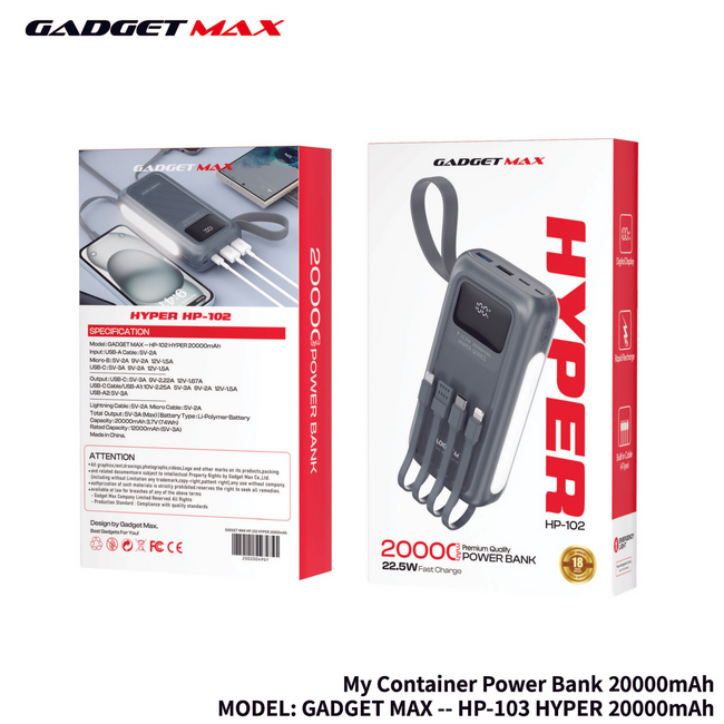 GADGET MAX - HP-102 20000mAh Hyper PD+QC Fast Charging Power Bank (20W+22.5W)