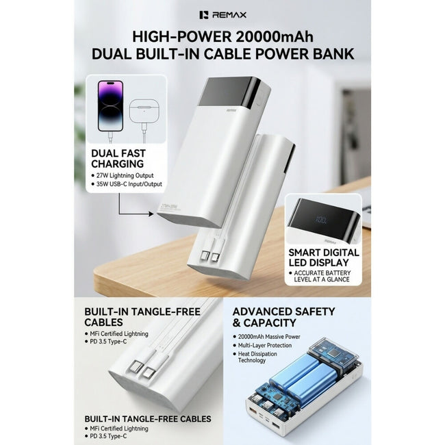 REMAX - FC-10 20000mAh Dual Built-In Cable PD+QC Fast Charging Power Bank