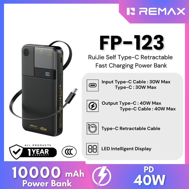 REMAX - FP-123 10000mAh RuiJie 40W Self Type-C Cable Retractable Fast Charging Power Bank