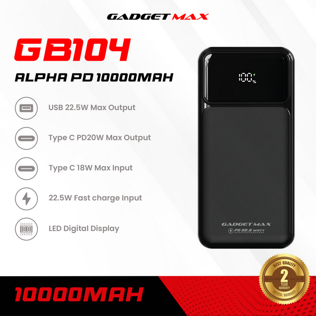 GADGET MAX - GB104 Alpha PD 10000mAh PD+QC Fast Charging Digital Power Bank ( 20W+22.5W )