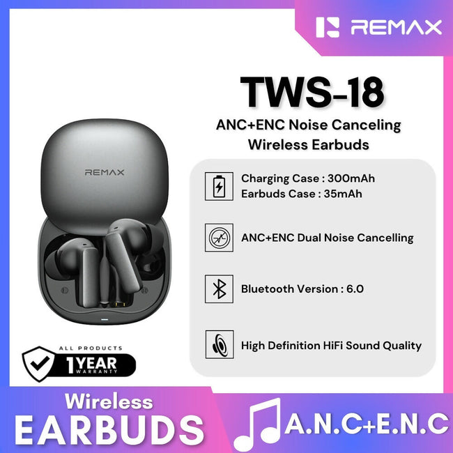 REMAX - TWS-18 ANC+ENC Noise Canceling Bluetooth Wireless Earbuds