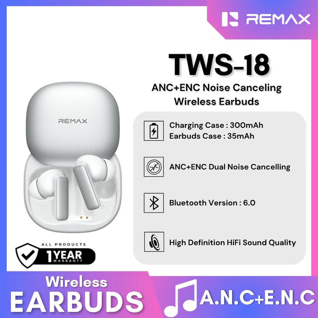 REMAX - TWS-18 ANC+ENC Noise Canceling Bluetooth Wireless Earbuds