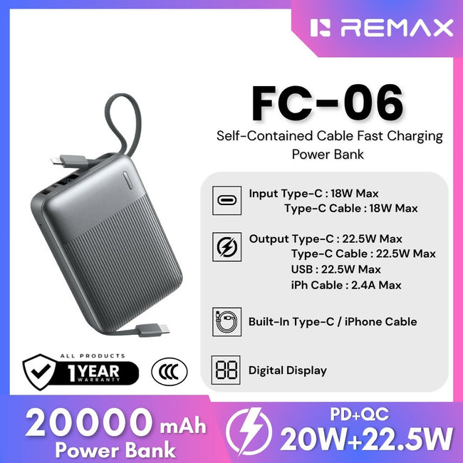 REMAX - FC-06 20000mAh 22.5W Self-Contained Cable Fast Charging Power Bank