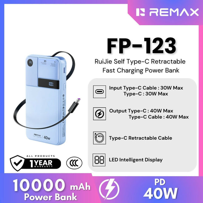REMAX - FP-123 10000mAh RuiJie 40W Self Type-C Cable Retractable Fast Charging Power Bank