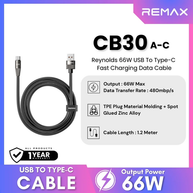 REMAX - CB30 A-C Reynolds 66W USB To Type-C Fast Charging Data Cable (66W)