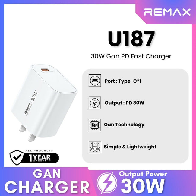 REMAX - U187 AC PD Gan Fast Charger (30W) (USB/PD)