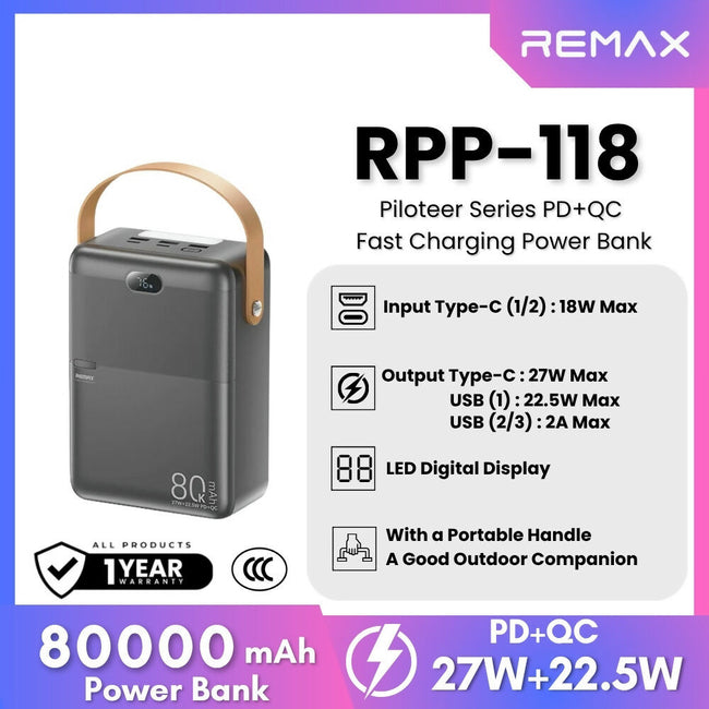 REMAX RPP-118 Piloteer Series 80000mAh PD+QC Fast Charging Power bank (PD 27W+QC 22.5W)